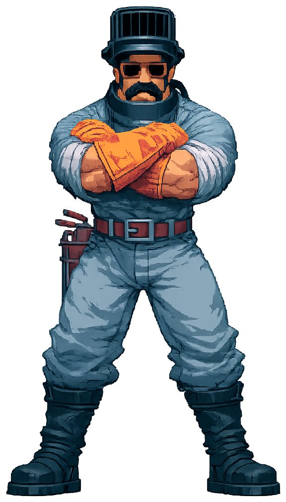 Pixel art welder character with flip-up welding helmet and orange gloves, arms crossed
